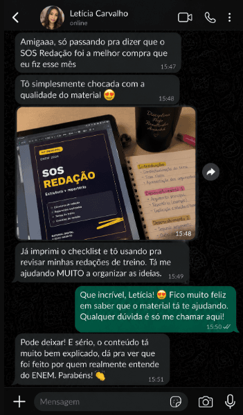 Print enviado: conversa de Letícia Carvalho sobre o SOS Redação